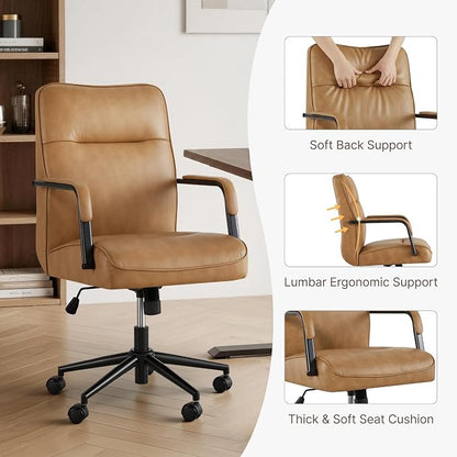 KISLOT Ergonomic Home Office Chair with Lumbar Support, Adjustable Swivel Modern Desk Chair with Wheels, Faux Leather Computer Chair with Padded Arms, Comfy Executive Office Chair, Camel Brown