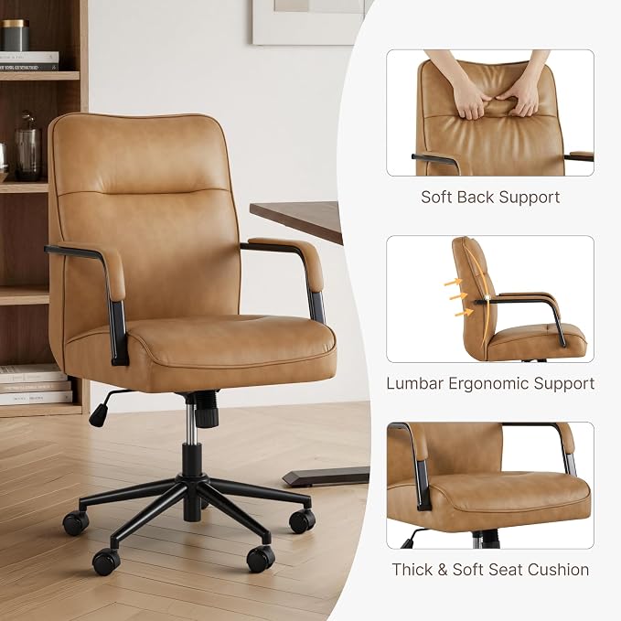 KISLOT Ergonomic Home Office Chair with Lumbar Support, Adjustable Swivel Modern Desk Chair with Wheels, Faux Leather Computer Chair with Padded Arms, Comfy Executive Office Chair, 2 PCS, Camel Brown