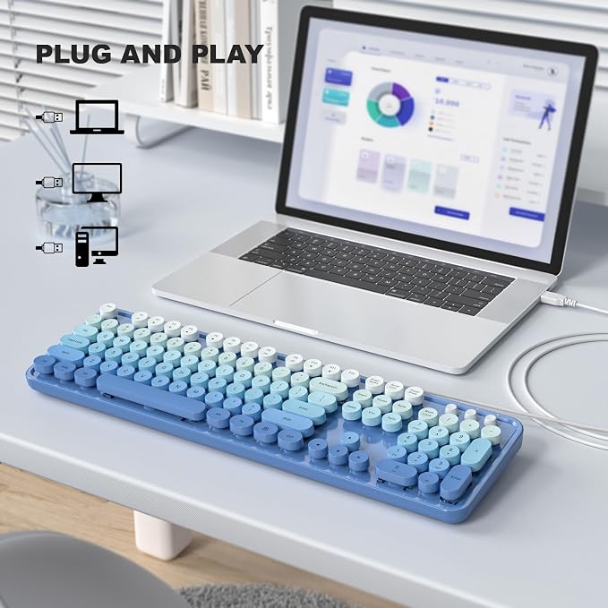MOWUX Computer Keyboard Wired, Plug and Play USB Retro Round Typewriter Keyboard, Full Size Wired Keyboard with Foldable Stands for Laptop and Office PC- Blue Gradient
