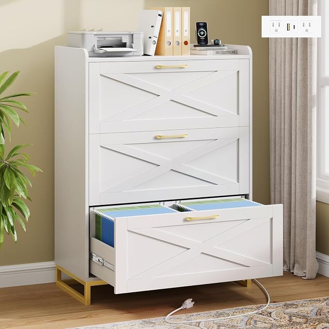 Halitaa File Cabinet 3 Drawers Lateral File Cabinet with Charging Station for Letter/Legal/A4 Size Hanging Files, Large Wood File Storage Cabinets Printer Stand for Home Office, White and Gold