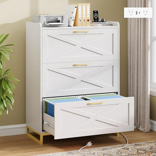 Halitaa File Cabinet 3 Drawers Lateral File Cabinet with Charging Station for Letter/Legal/A4 Size Hanging Files, Large Wood File Storage Cabinets Printer Stand for Home Office, White and Gold