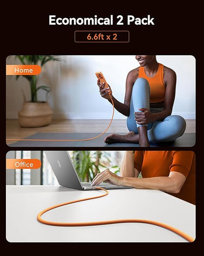 INIU USB C to USB C Cable, 240W Fast Charging Type C Charger Cord, Braided USBC Cable for iPhone 17, Samsung S25, Laptop, MacBook, Switch, Kid, Emergency, Flight, [6.6ft+6.6ft Orange]