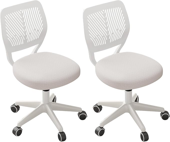 JPBSTO Armless Desk Chair, Height Adjustable Swivel Office Rolling Task Chairs with Soft Mesh Padded Cushion, Ergonomic Small Study Computer Chair for Girls Boys Teens (White, 2PCS)