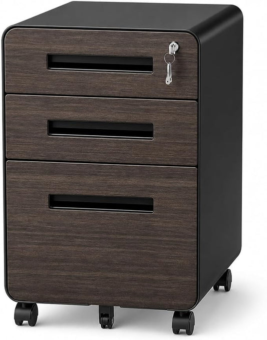 SAWJEC 3 Drawer File Cabinet with Lock, Rolling Printer Stand Under Desk, Fully Assembled Mobile Filing Cabinet fits Legal/Letter Size, Black Home Office Storage, 18" D x 167" W x 23" H