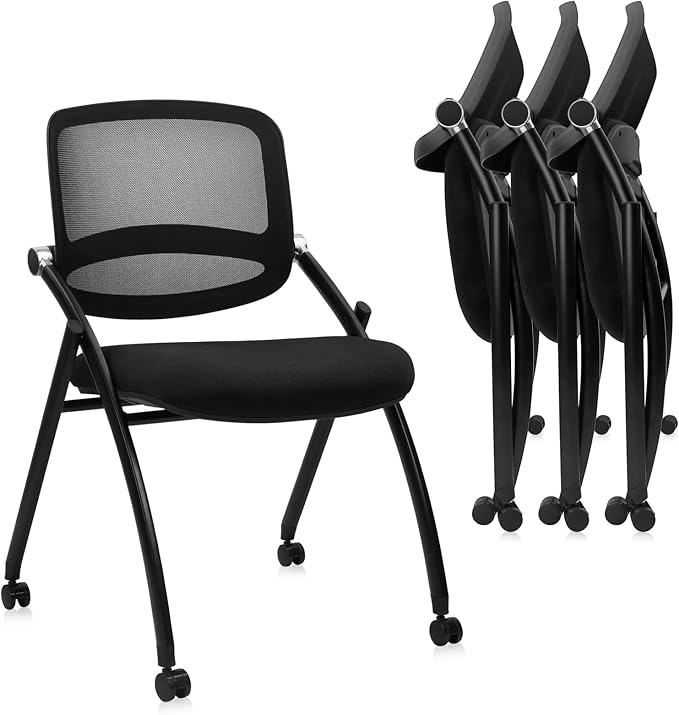 CLATINA Stackable & Foldable Conference Chair with Wheels, Ergonomic Mesh Back,300lbs Capacity, Breathable Padded Seat, Armless Office Chair for Reception, Training, Home Office, Black, 4PK
