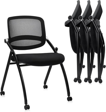 CLATINA Stackable & Foldable Conference Chair with Wheels, Ergonomic Mesh Back,300lbs Capacity, Breathable Padded Seat, Armless Office Chair for Reception, Training, Home Office, Black, 4PK