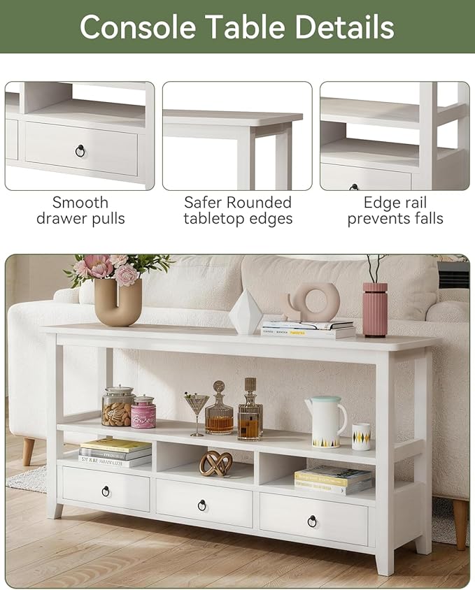 Karl home Console Table with 3 Bottom Drawers, 57.9" W Sofa Side Table Entryway Desk with 3 Storage Cubbies 1 Open Shelf, Vintage TV Stand for Hallway Living Room Office, White 29.9" H