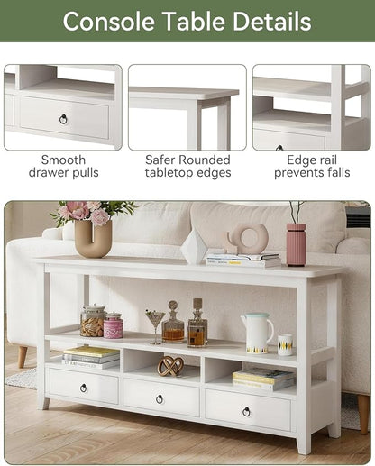 Karl home Console Table with 3 Bottom Drawers, 57.9" W Sofa Side Table Entryway Desk with 3 Storage Cubbies 1 Open Shelf, Vintage TV Stand for Hallway Living Room Office, White 29.9" H