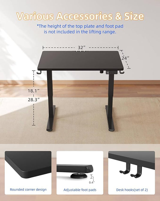 YIHAYO One-Piece Low Height Adjustable Desk, Lifts 18.1-28.3 Inches, Electric Standing Desk for Short People, 32 x 24 Inches Computer Table with Splice Board for Home Office, Black
