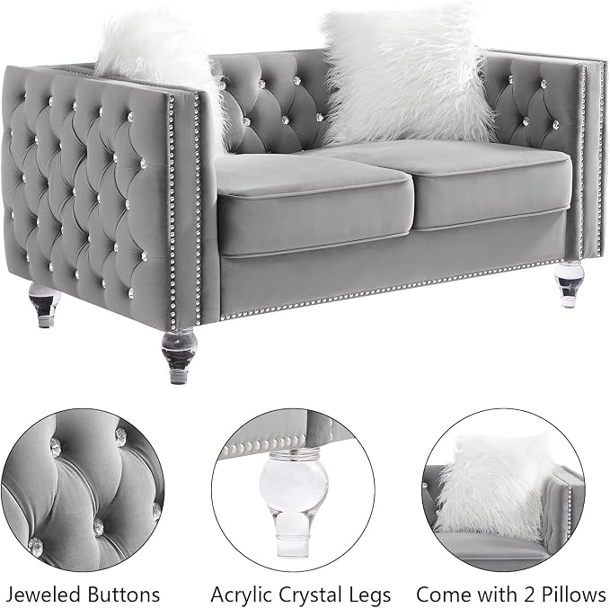 mikibama Velvet Loveseat with Buttons and Square Arms 59 Inch Tufted Sofa with Trimmed Nailhead and Metal Legs Loveseat Couch for Living Room, Bedroom (Grey-Crystal Legs, Loveseat)