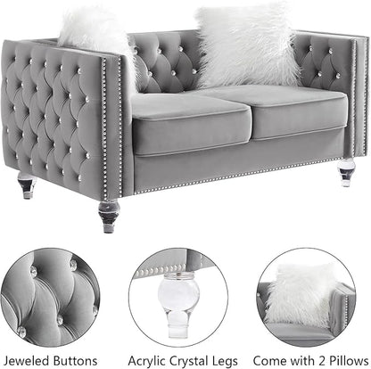 mikibama Velvet Loveseat with Buttons and Square Arms 59 Inch Tufted Sofa with Trimmed Nailhead and Metal Legs Loveseat Couch for Living Room, Bedroom (Grey-Crystal Legs, Loveseat)
