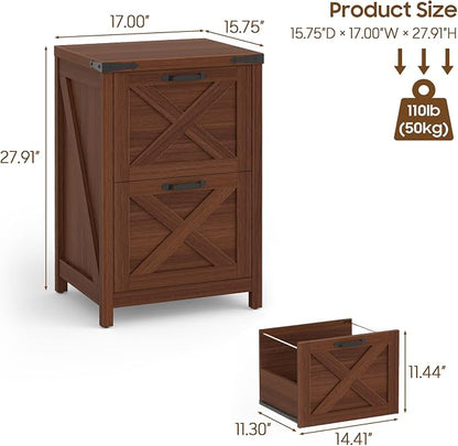 Halitaa 2 Drawer Small File Cabinet, Farmhouse Vertical Filing Cabinet Fits Letter and A4 Size, Under Desk Wooden File Cabinets for Home Office, Printer Stand, Walnut