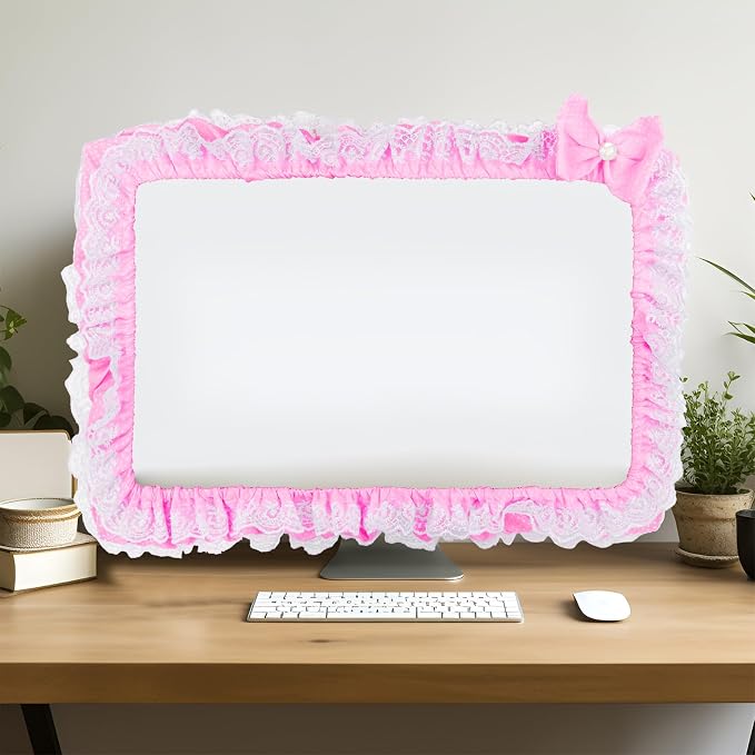Cute Pink Lace 23"-27" Computer Monitor Screen Dust Cover with Bowknot | Lovely Pink Bow | Lace Trim | Adjustable Elastic Band