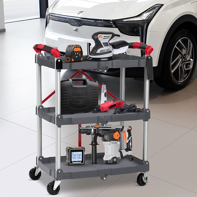 PioneerWorks Folding Utility Service Cart, Collapsible Cart with Wheels, 3 Tier Rolling Utility Cart, Folding Cart with Wheels Collapsible, Service Cart for Tool, Grocery, Bar, Kitchen, Office