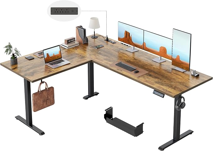 Klicelor L Shaped Standing Desk 63 x 55 Inch,Electric Height Adjustable Corner Desk with Cable Management & Power Outlets, Ergonomic Sit Stand Up Computer Table for Home Office,Rustic Brown