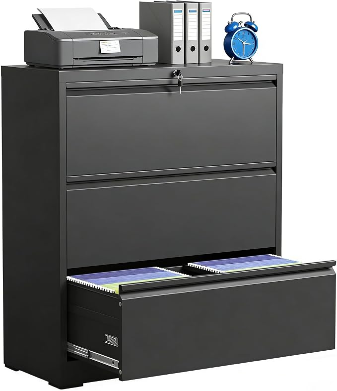 3 Drawer Lateral File Cabinet with Lock, Metal Lateral Filing Cabinet for Home Office, Steel Wide Horizontal Filing Cabinets for Letter/Legal/A4/F4 Hanging Files (Black)