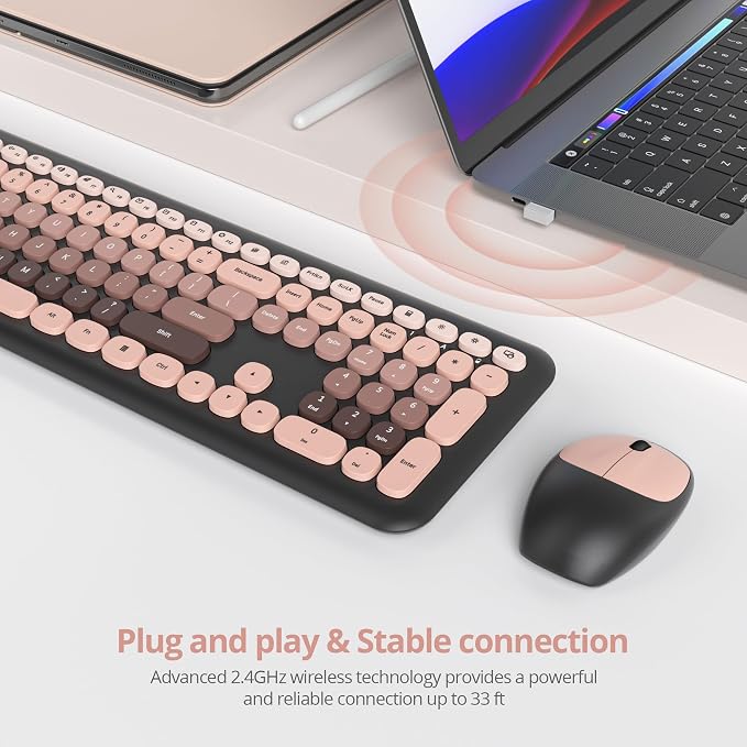 Surmen Cute Colorful Keyboard and Mouse Wireless Silent, Full-Size Retro Typewriter Wireless Quiet Black and Pink Keyboard Low-Noise 2.4GHz for Computer, Desktop, Laptop(6-Heimei)