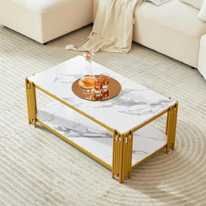 White Marble Coffee Table Set of 3, Faux Marble Coffee Table and 2 White Gold End Tables with Chrome Metal I-Base, Luxury Marble 3 Piece Living Room Table Set for Home Office Bedroom
