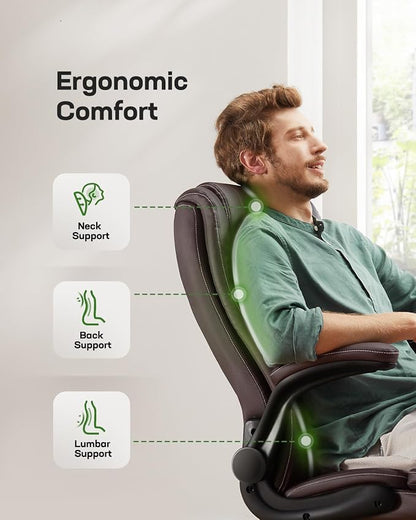 Marsail Executive Office Chair Ergonomic Desk Chair with Flip-up Armrests PU Leather Height-Adjustable Swivel Rolling Brown