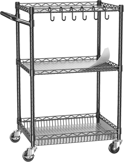 Rolling Utility Metal Carts with Wheels 3 Tier Heavy Duty Storage Cart 750Lbs Capacity Adjustable Kitchen Organizer Cart with Handle & Shelf Liner Commercial Grade Trolley for Indoor & Outdoor Use