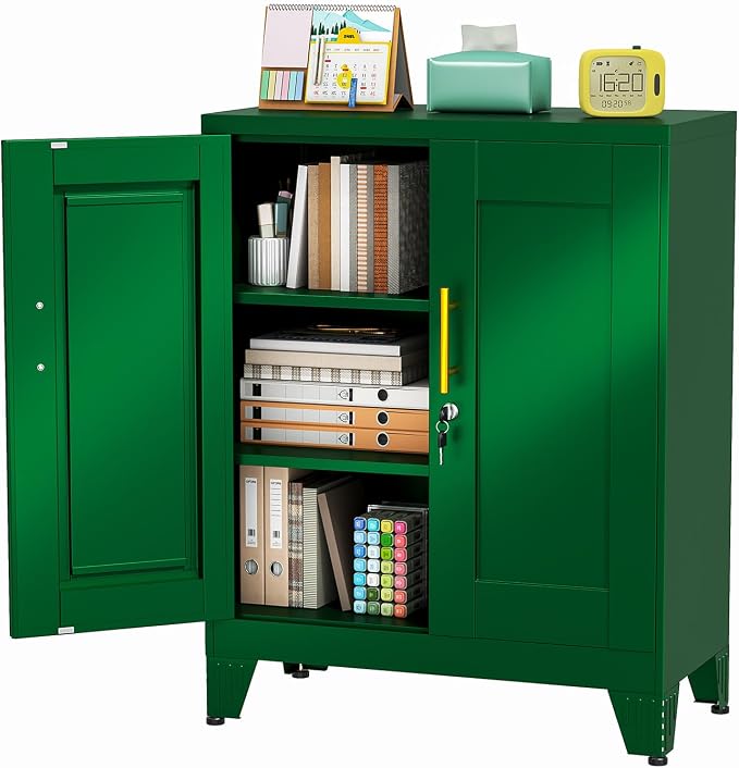 pozdeg 35.43" Metal Storage Cabinet with Lock, Metal File Cabinet with 2 Doors ＆ 2 Adjustable Shelves, Steel Locker Utility Tool Garage Cabinets for Home, Office, Warehouse (Green)