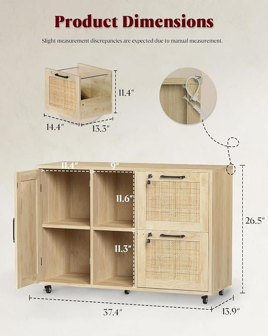 HOPUBUY 2 Drawer File Cabinet with Lock, Large Rattan Filing Cabinets with Door & Open Shelves,Wide Wood Rolling Office Storage Cabinet on Wheels for Home, Natural