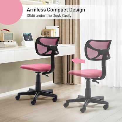 Small Mesh Desk Chair, Armless Low-Back Student Study Task Chair Ergonomic Sylish Swivel Adjustable Rolling Seating for Small Spaces Home Office Bedroom Study, Pink