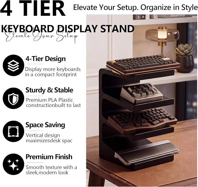 Novabright 4 Tier Keyboard Display Stand Keyboard Storage Rack for Gaming Desk Setup Workstations Office Organization Space Saving Desktop Storage Black