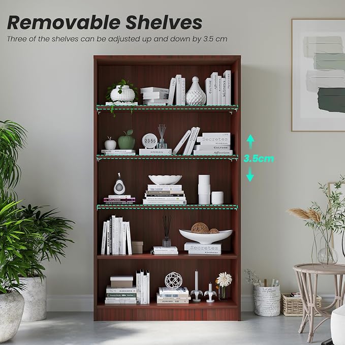 Farini 60 Inch Tall Bookcase,5 Shelf Bookshelves,Adjustable Bookshelf for Home Office,Cherry
