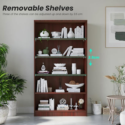 Farini 60 Inch Tall Bookcase,5 Shelf Bookshelves,Adjustable Bookshelf for Home Office,Cherry