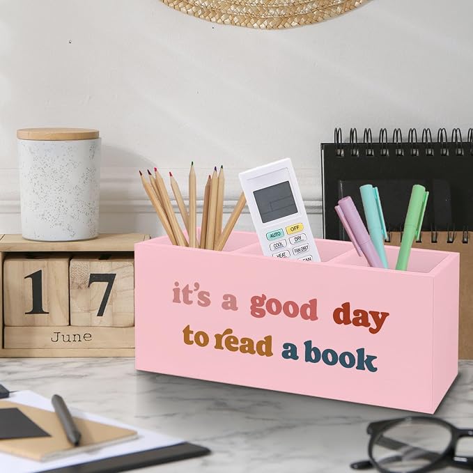Pink Wooden Bookmark Pen Pencil Holder Decor for Desk, Book Lover Gifts, It's a Good Day to Read a Book Wood Makeup Brush Toothbrush Holder Organizer for Reading Corner Room Library