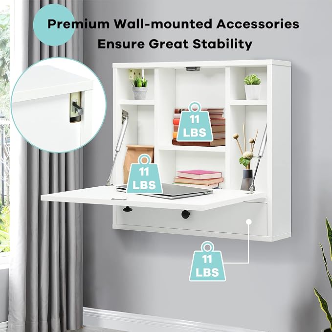 Tangkula Wall Mounted Desk, Pneumatic Floating Laptop Desk with Magnetic Foldable Tabletop, Space Saving Wall Mounted Table Wall Desk with Storage Drawer and Shelves (White)