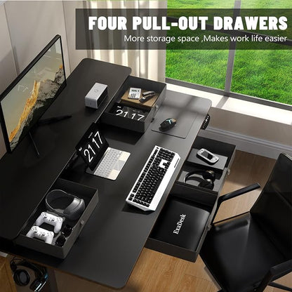 48 * 30 Inches Electric Standing Desk Adjustable Height with 4 Drawers, Double Storage Shelves Stand Up Desk, Home Office Workstation Sit Stand Desk (Classical Black)