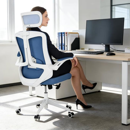 Ergonomic Office Chair - 350LB Comfy Desk Chairs with Adjustable Headrest and Lumbar Back Support, Mesh Computer Chairs with Wheels and Arms for Home Office, Study (Blue-with Headrest)