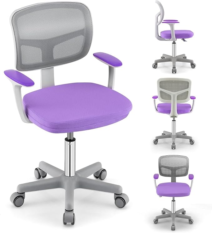 Kids Desk Chair, Height Adjustable Children Study Chair w/Lumbar Support, Swivel Mesh Seat, Universal Casters, Ergonomic Kids Task Chair for Boys Girls Aged 3-10, Home, School, Office (Purple)