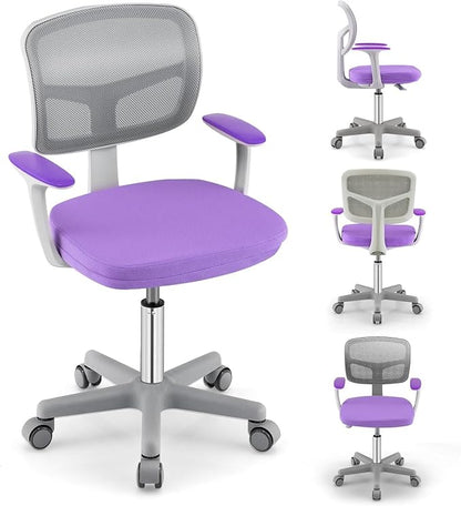 Kids Desk Chair, Height Adjustable Children Study Chair w/Lumbar Support, Swivel Mesh Seat, Universal Casters, Ergonomic Kids Task Chair for Boys Girls Aged 3-10, Home, School, Office (Purple)