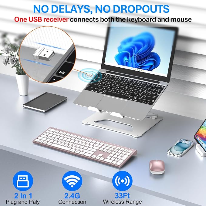 Wireless Keyboard and Mouse Combo, Full Size Keyboard and Mouse, Long Battery Life, Optical Mouse, 2.4G Lag-Free Cordless Mice Keyboard Set Ultra Slim Design for Computer, Laptop, PC, Mac (Pink)