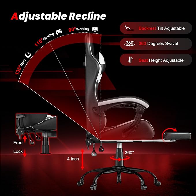 Gaming Chair with Footrest, Ergonomic Video Game Chair with Headrest and Lumbar Support, 400 lbs Adult Chair, Height Adjustable 360° Swivel High Back Reclining Computer Chair for Home Office (White)