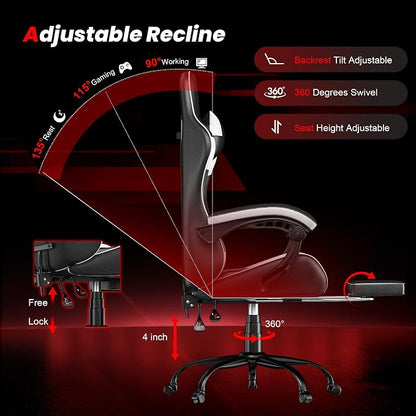 Gaming Chair with Footrest, Ergonomic Video Game Chair with Headrest and Lumbar Support, 400 lbs Adult Chair, Height Adjustable 360° Swivel High Back Reclining Computer Chair for Home Office (White)