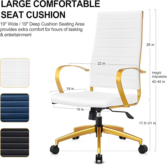 Ergonomic Office Chair, High Back Executive Chair in White Vegan Leather with Gold Accents, Adjustable Desk Chair with Back Support for Home Office(White)