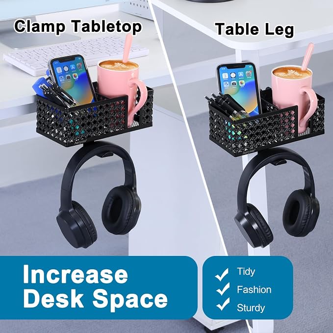 Desk cup holder, Clip on Cup Hook, Pen Holder Clamp Desk Organizer Pencil Holder Phone Holder Desk Storage for Office School Home (Black)