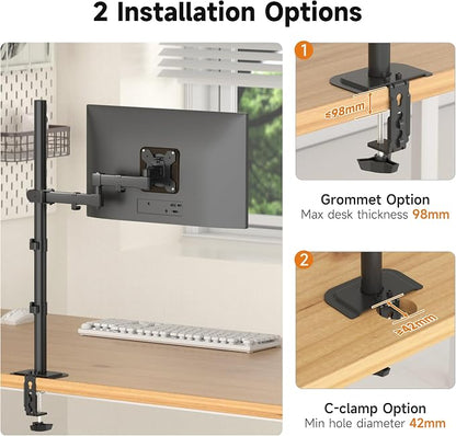 Bracwiser Single Fully Adjustable Standing Height Monitor Arm Stand Mount 800mm Tall for Monitor Computer Screen 13 15 17 19 20 22 23 24 26 27 30 32 inch VESA 75 100 (MD7821)