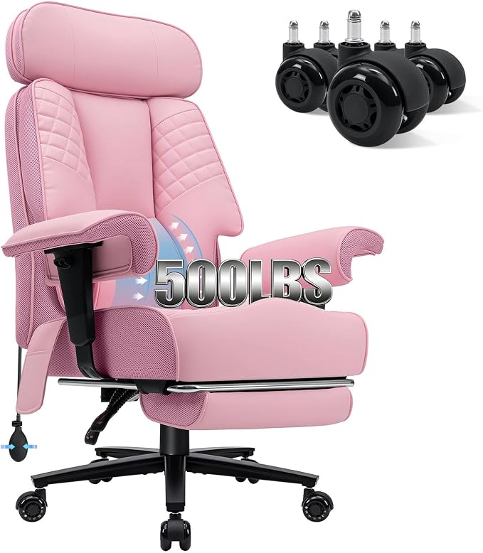 HOFFREE Big and Tall Office Chair 500lbs for Heavy People Executive Office Desk Chair with Wide Seat PU Leather Computer Chair with Adjustable Lumbar Support Pink
