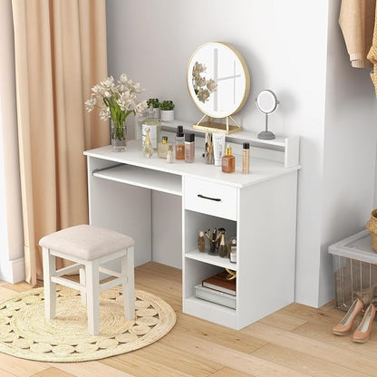 Tangkula White Desk with Drawer & Keyboard Tray, 22 Inch Wide Modern Study Writing Desk with Desktop Hutch & Storage Shelves, Home Office Desk for Teens, Wood PC Laptop Desk, Desk for Bedroom