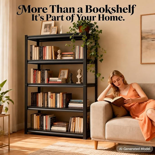 Modern Metal Book Shelf, Display Black Bookshelf, Bolt-Free Metal Storage Shelves for Books CDs, Adjustable Bookshelf in Living Room, Bedroom, Kitchen, Home, Office, 15.7" W x10 D x22 H