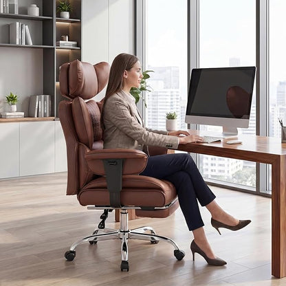 DUMOS Big and Tall Home Office Desk Chair, Ergonomic Executive Chair with Footrest, Computer Gaming Chairs with High Back Reclining, Adjustable Armrests and Comfy Lumbar Support, PU Leather, Brown