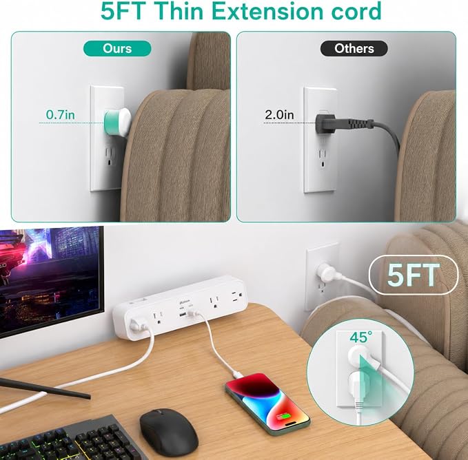 65W USB C Desk Clamp Power Strip, 8-in-1 Desktop Mount Surge Protector with 4 AC Outlets 2 USB-C & 2 USB-A Ports, PD 65W Fast Charging Station, 5Ft Extension Cord, Desk Edge Mount for Home Office
