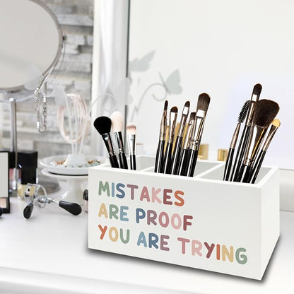 Boho Inspirational Pen Pencil Holder Organizer for Desk, Positive Inspirational Gifts, Mistakes are Proof You are Trying Motivational Wooden Box Sign for Classroom Desk Tabletop Decorations