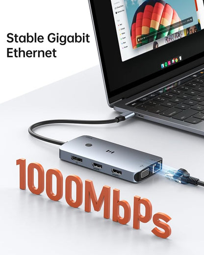 USB C Docking Station Dual Monitor Adapter, Selore Laptop Docking Station 3 Monitors Quad Display with 2 HDMI, DP, VGA, Ethernet, 3 USB A&C 3.0, 100W PD, USB C Hub Dongle for DELL, HP and More