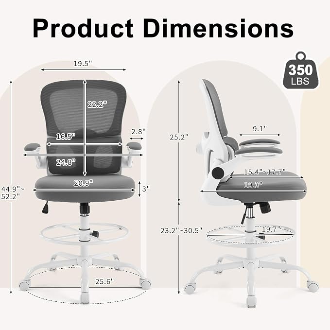 Karl home Ergonomic Drafting Chair, Grey | Lumbar Support, Flip-Up Armrests, Adjustable Height Footrest Ring, Breathable Mesh, Tall Swivel